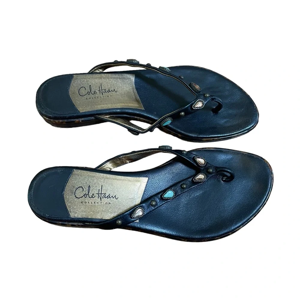 Cole Haan Slip-on Beaded Mini Heeled Black Leather Sandals Size 5.5